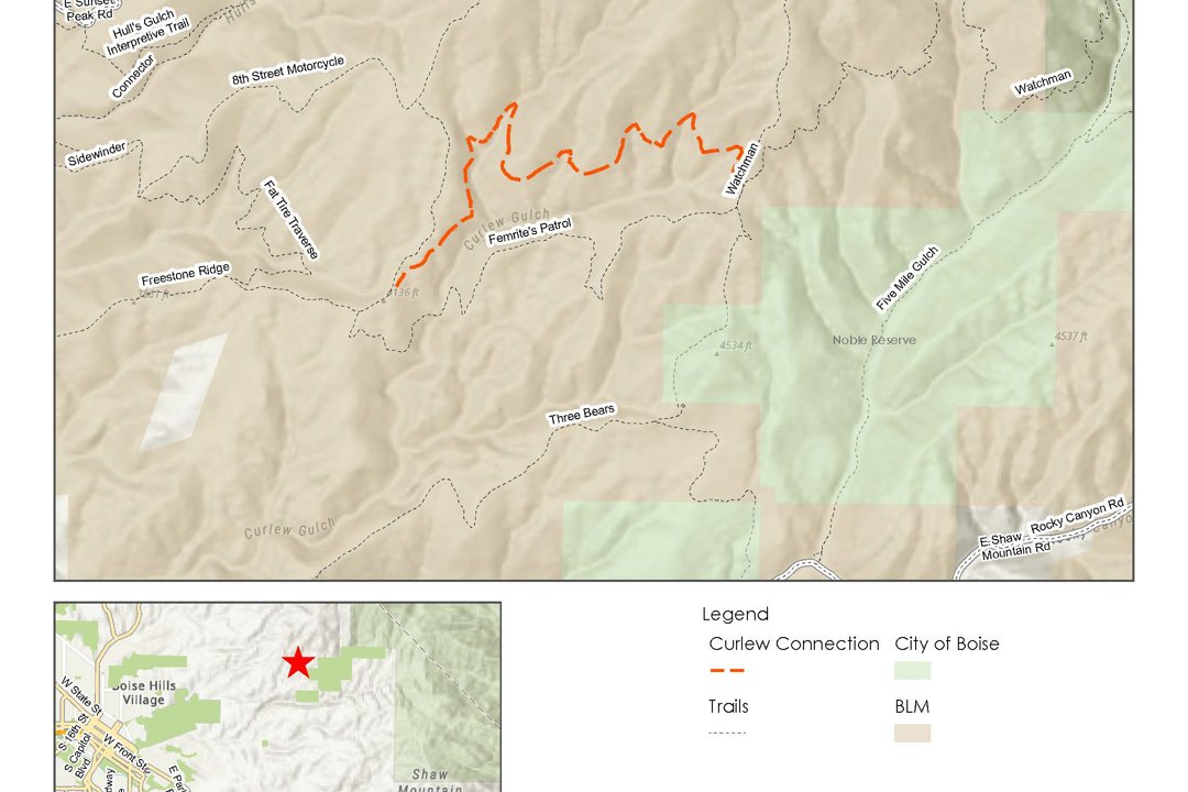 Map of Curlew Connection Trail running north of Femrite's Trail connecting from Freestone Ridge to Watchman.