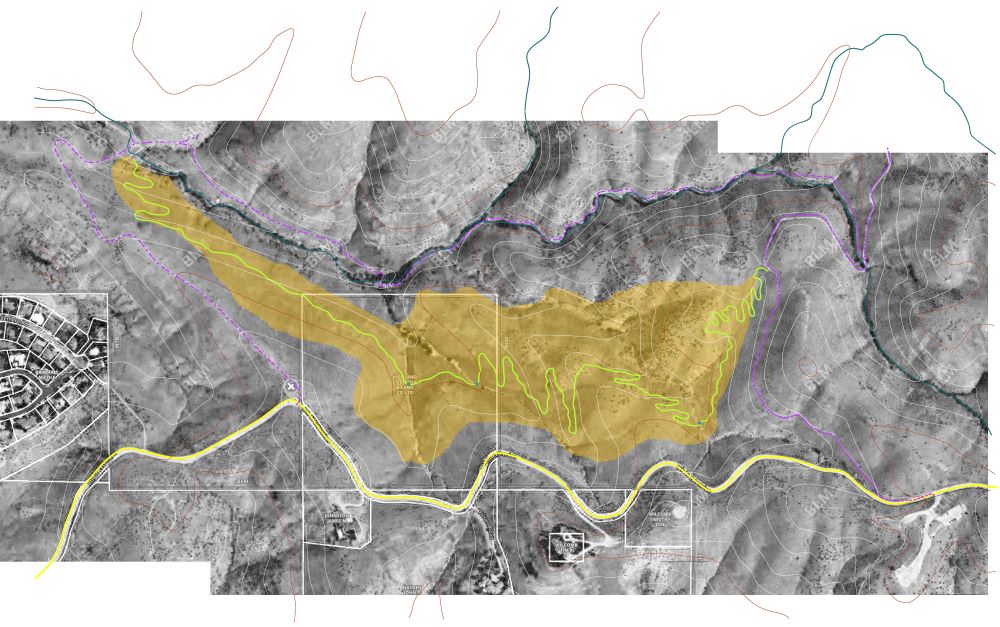 Design Map of planned mountain biking experience above Hulls Gulch Reserve, connecting Corrals Trail to Bob's Trail and the 8th Street Connection.
